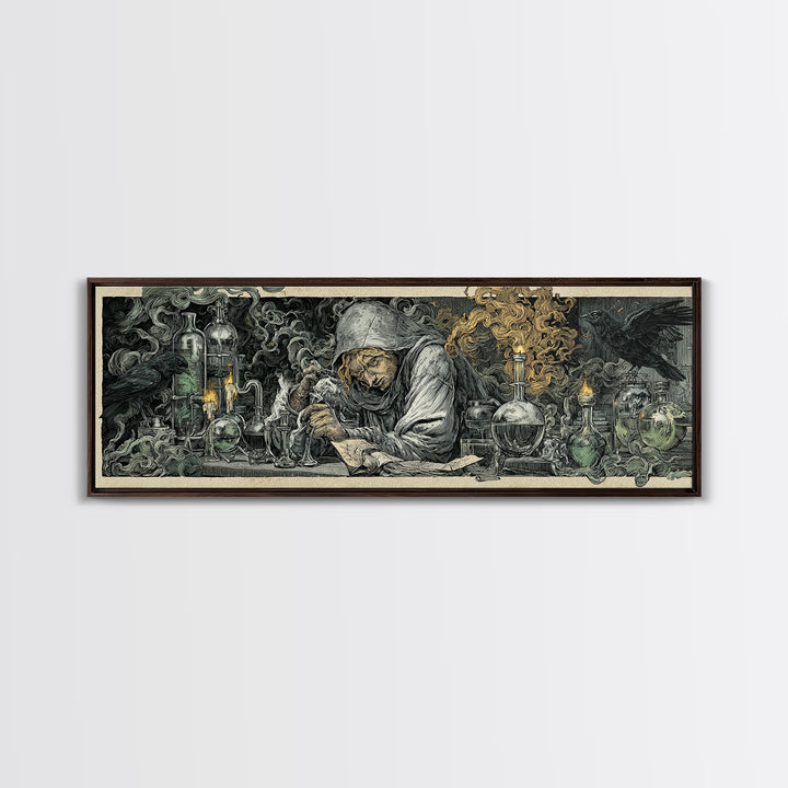 The Mad Alchemist, Renaissance Engraving Art, Extra Wide Wall Art, Dark Halloween Decor, Framed Canvas Print, Halloween Wall Art