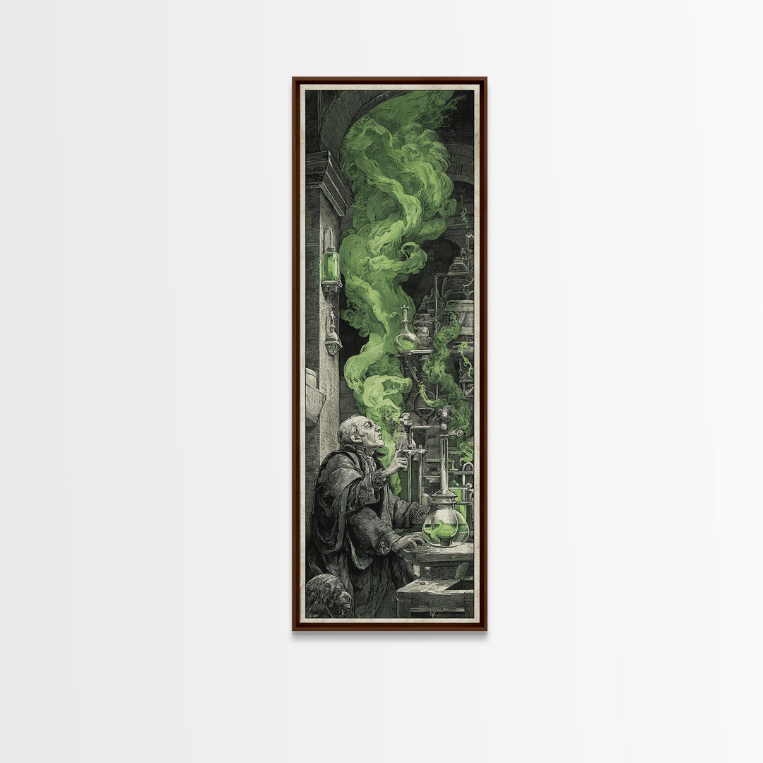 The Mad Alchemist, Architectural Etching Art, Tall Narrow Wall Art, Dark Halloween Decor, Framed Canvas Print