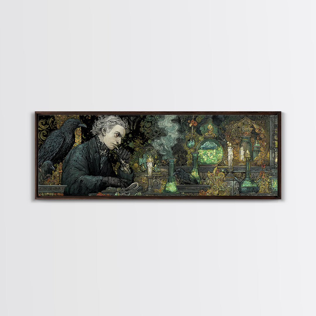 The Mad Alchemist, Stained Glass Gothic Art, Extra Wide Wall Art, Dark Halloween Decor, Canvas Print, Halloween Wall Art