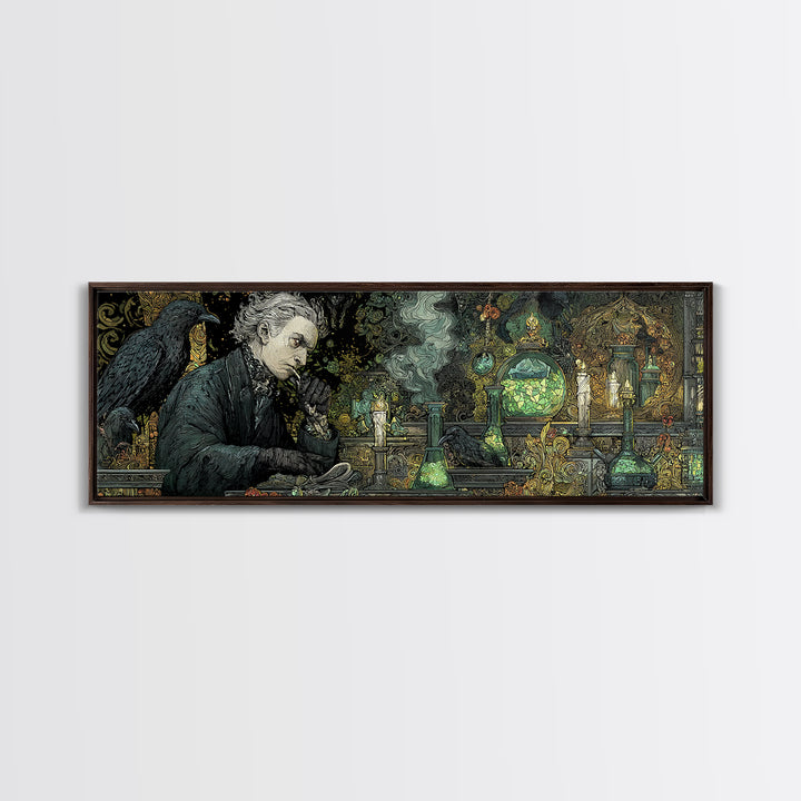 The Mad Alchemist, Stained Glass Gothic Art, Extra Wide Wall Art, Dark Halloween Decor, Canvas Print, Halloween Wall Art