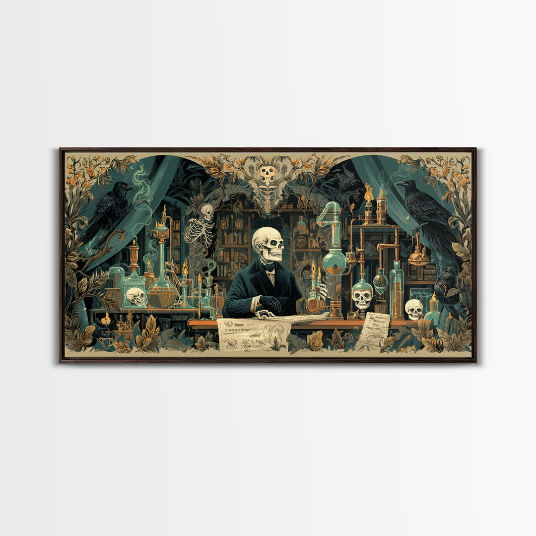 The Mad Alchemist, Macabre Folk Print Art, Wide Panoramic Art, Dark Halloween Decor, Framed Canvas Print, Halloween Wall Art