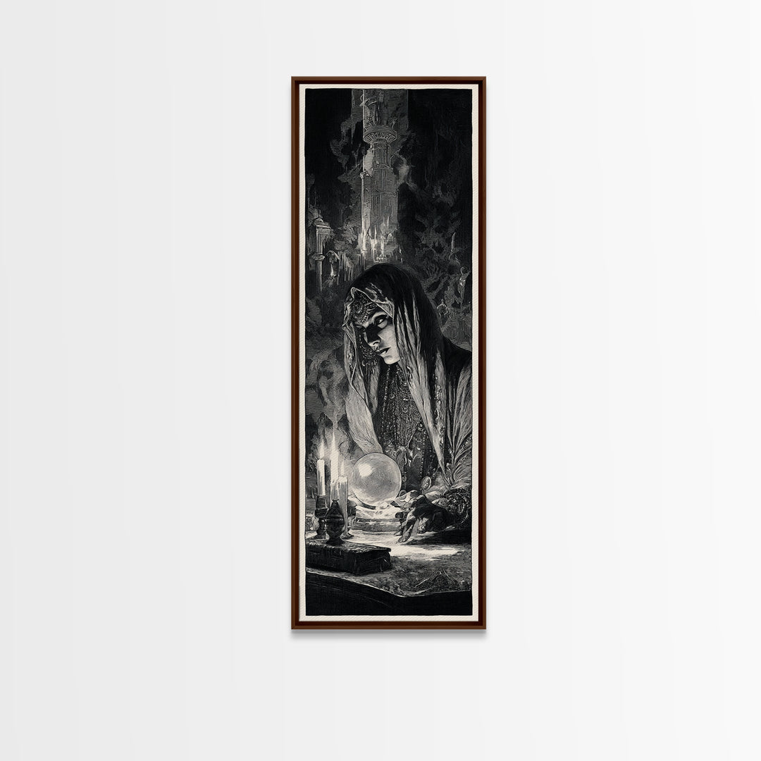 The Midnight Fortune Teller, Gothic Engraving Art, Tall Narrow Wall Art, Dark Halloween Decor, Framed Canvas Print, Halloween Wall Art