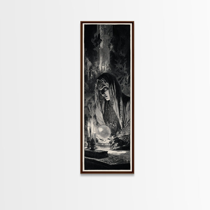 The Midnight Fortune Teller, Gothic Engraving Art, Tall Narrow Wall Art, Dark Halloween Decor, Framed Canvas Print, Halloween Wall Art