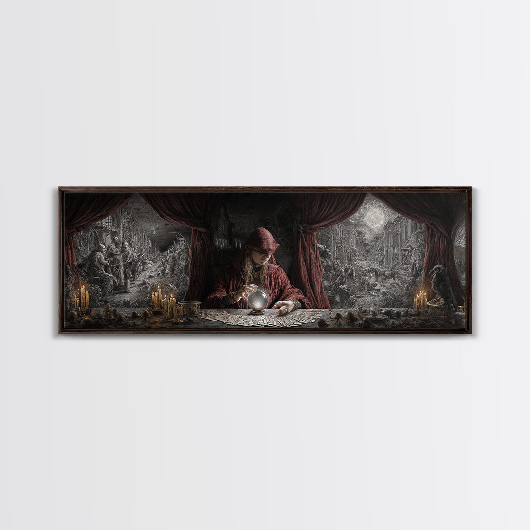 The Midnight Fortune Teller, Medieval Grotesque Art, Extra Wide Wall Art, Dark Fantasy Wall Art, Framed Canvas Print, Halloween Decor