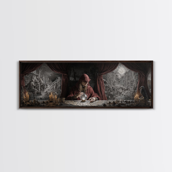 The Midnight Fortune Teller, Medieval Grotesque Art, Extra Wide Wall Art, Dark Fantasy Wall Art, Framed Canvas Print, Halloween Decor