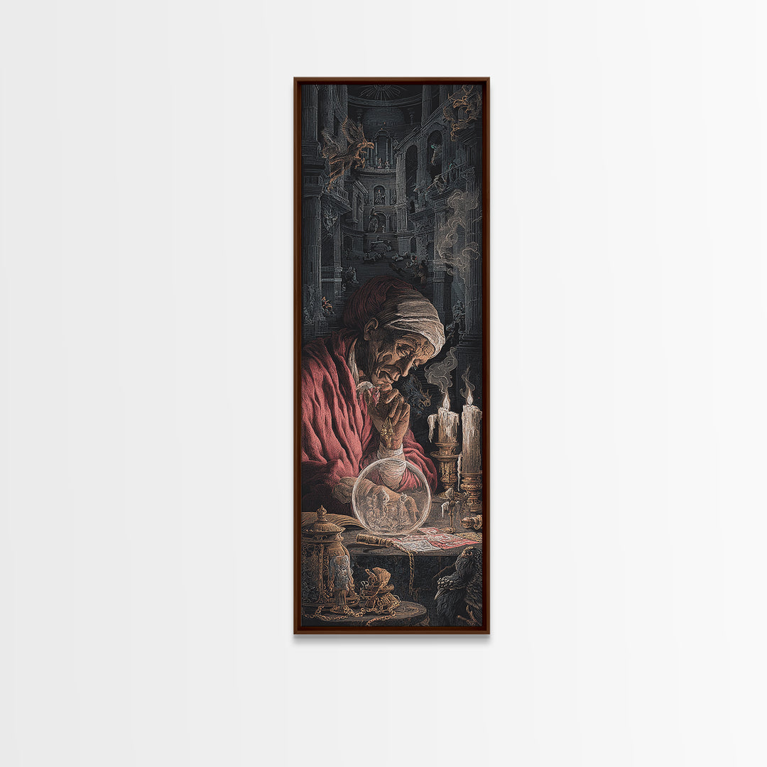 The Midnight Fortune Teller, Architectural Etching Art, Tall Narrow Wall Art, Dark Halloween Decor, Framed Canvas Print