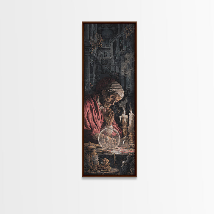 The Midnight Fortune Teller, Architectural Etching Art, Tall Narrow Wall Art, Dark Halloween Decor, Framed Canvas Print
