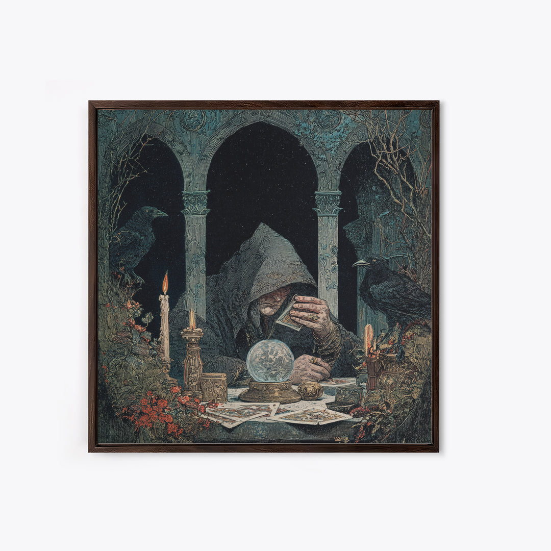 The Midnight Fortune Teller, Symbolist Etching Art, Square Wall Art, Dark Halloween Decor, Framed Canvas Print, Halloween Wall Art