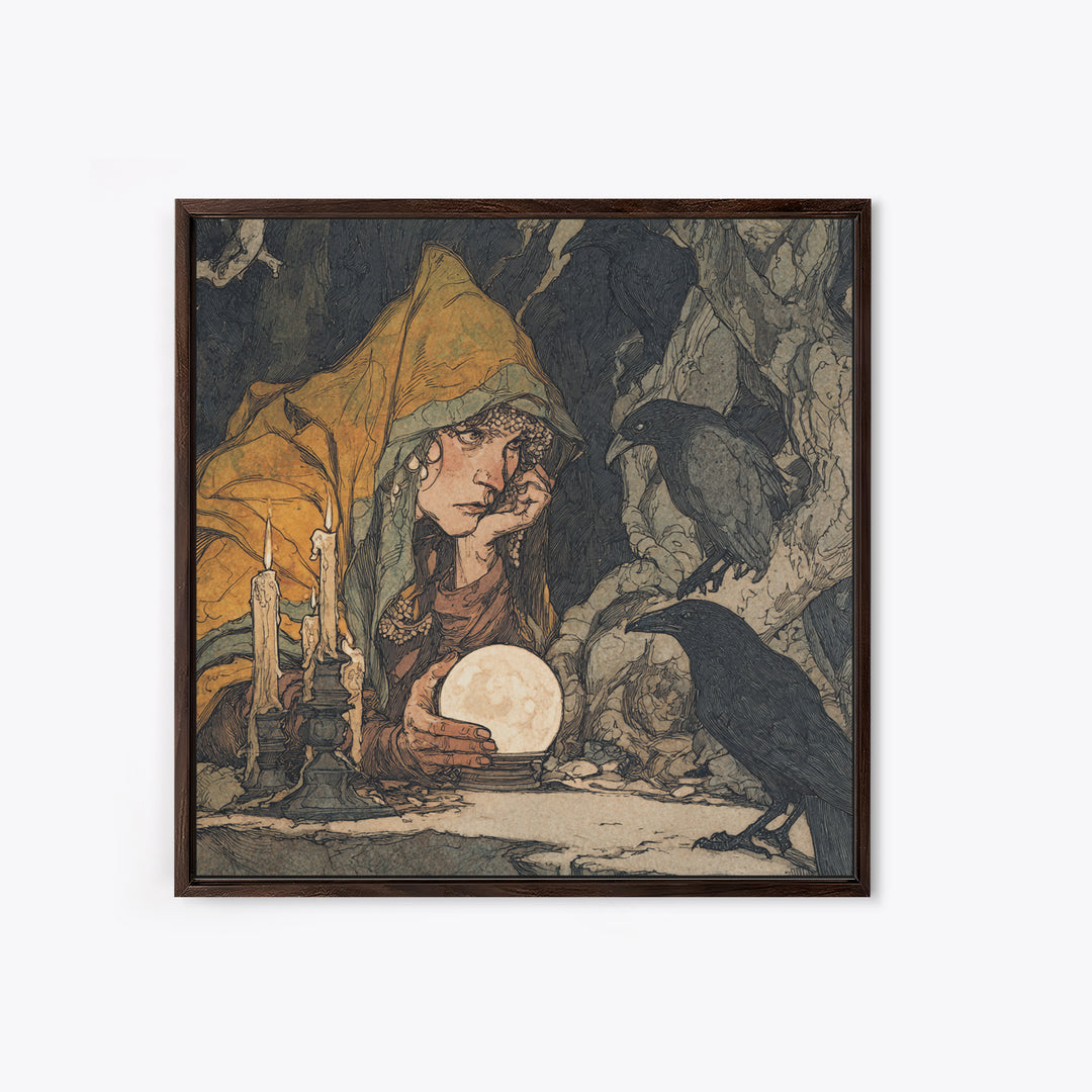 The Midnight Fortune Teller, Gothic Storybook Art, Square Wall Art, Dark Fantasy Wall Art, Framed Canvas Print, Halloween Wall Art