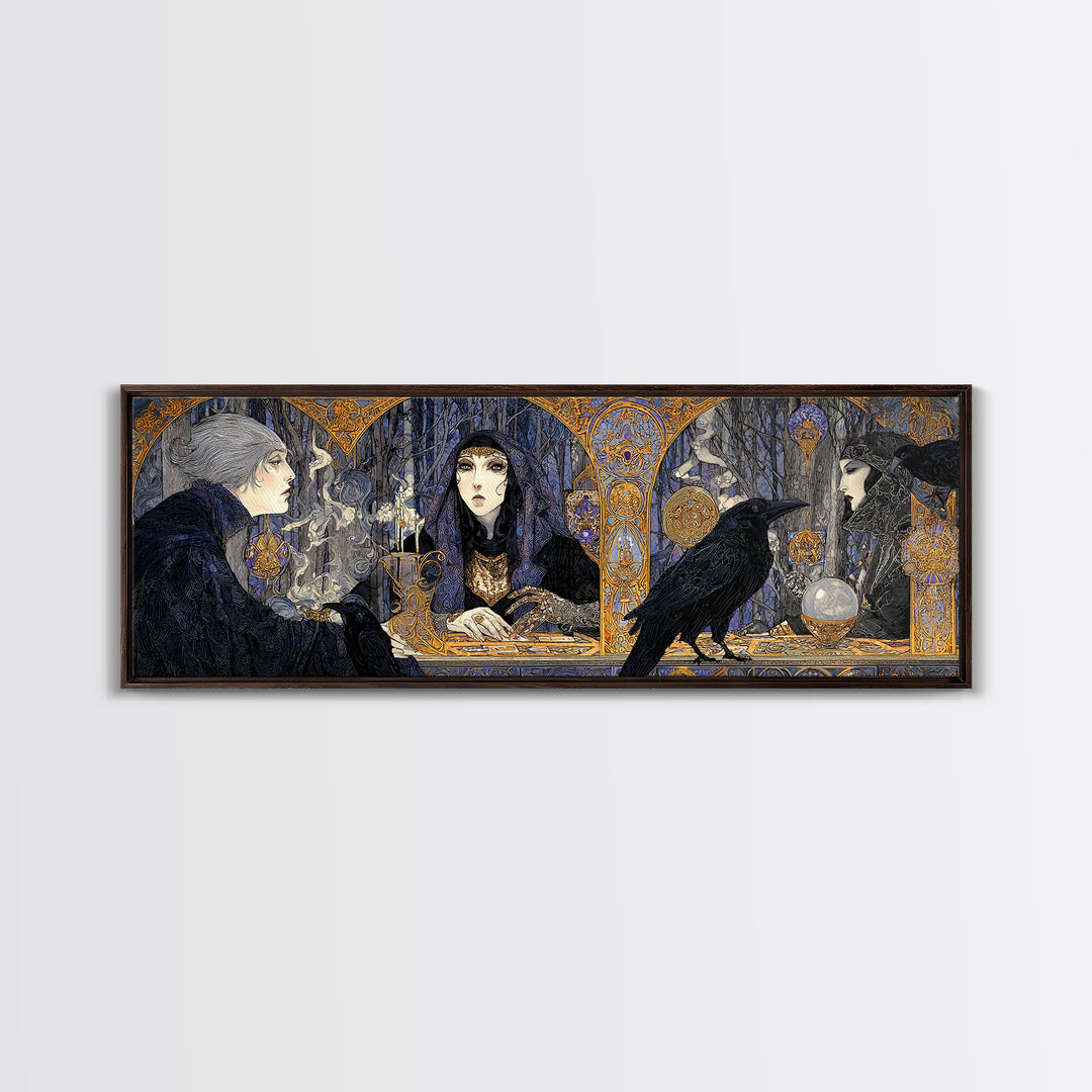 The Midnight Fortune Teller, Stained Glass Gothic Art, Extra Wide Wall Art, Dark Halloween Decor, Canvas Print, Halloween Wall Art