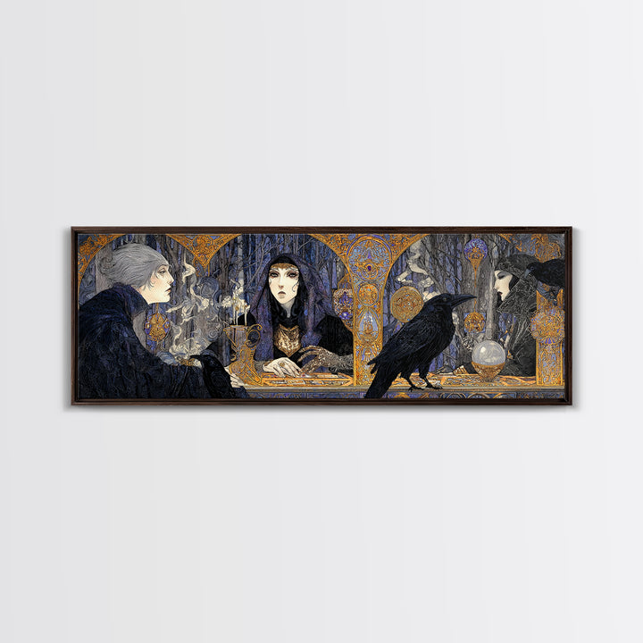 The Midnight Fortune Teller, Stained Glass Gothic Art, Extra Wide Wall Art, Dark Halloween Decor, Canvas Print, Halloween Wall Art