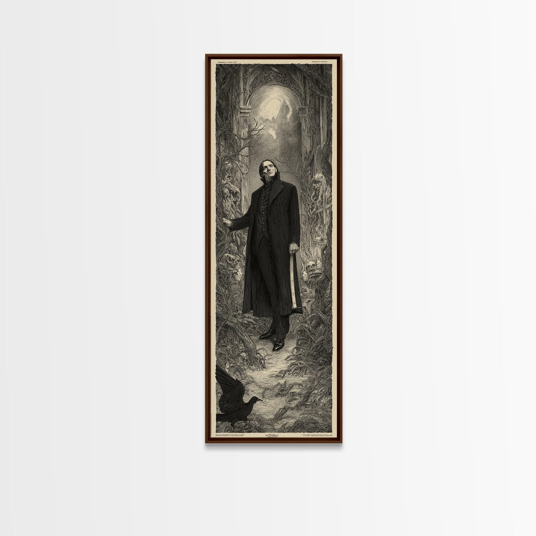 The Sinister Undertaker, Gothic Engraving Art, Tall Narrow Wall Art, Dark Fantasy Wall Art, Framed Canvas Print, Halloween Wall Art