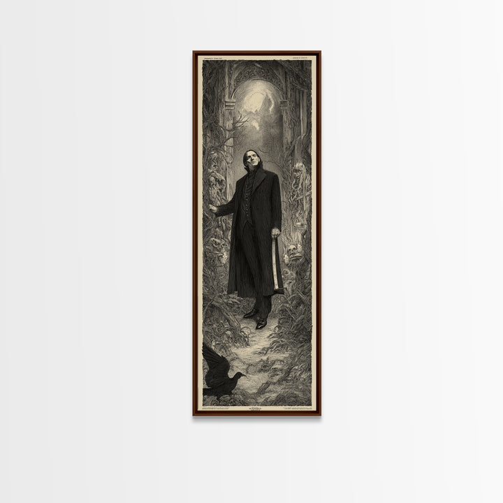The Sinister Undertaker, Gothic Engraving Art, Tall Narrow Wall Art, Dark Fantasy Wall Art, Framed Canvas Print, Halloween Wall Art