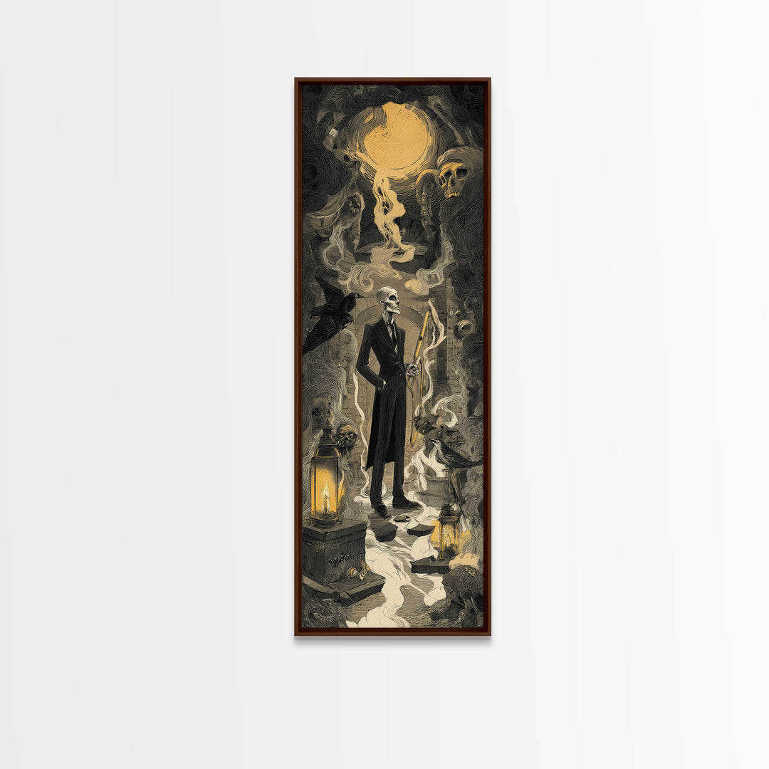 The Sinister Undertaker, Architectural Etching Art, Tall Narrow Wall Art, Dark Halloween Decor, Canvas Print, Dark Fantasy Art