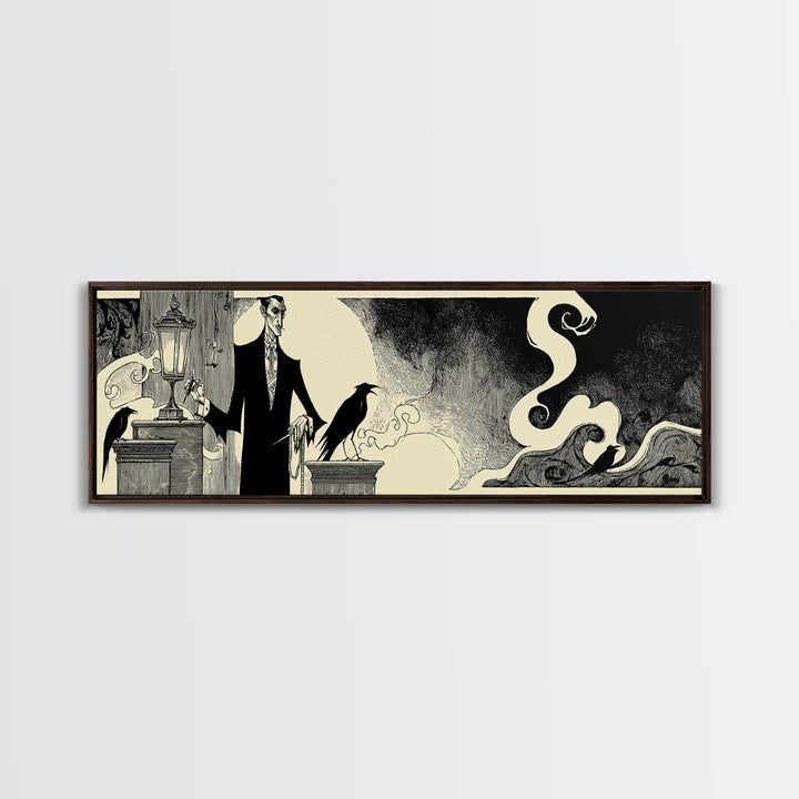The Sinister Undertaker, Decadent Line Art, Extra Wide Wall Art, Dark Halloween Decor, Canvas Print, Halloween Wall Art
