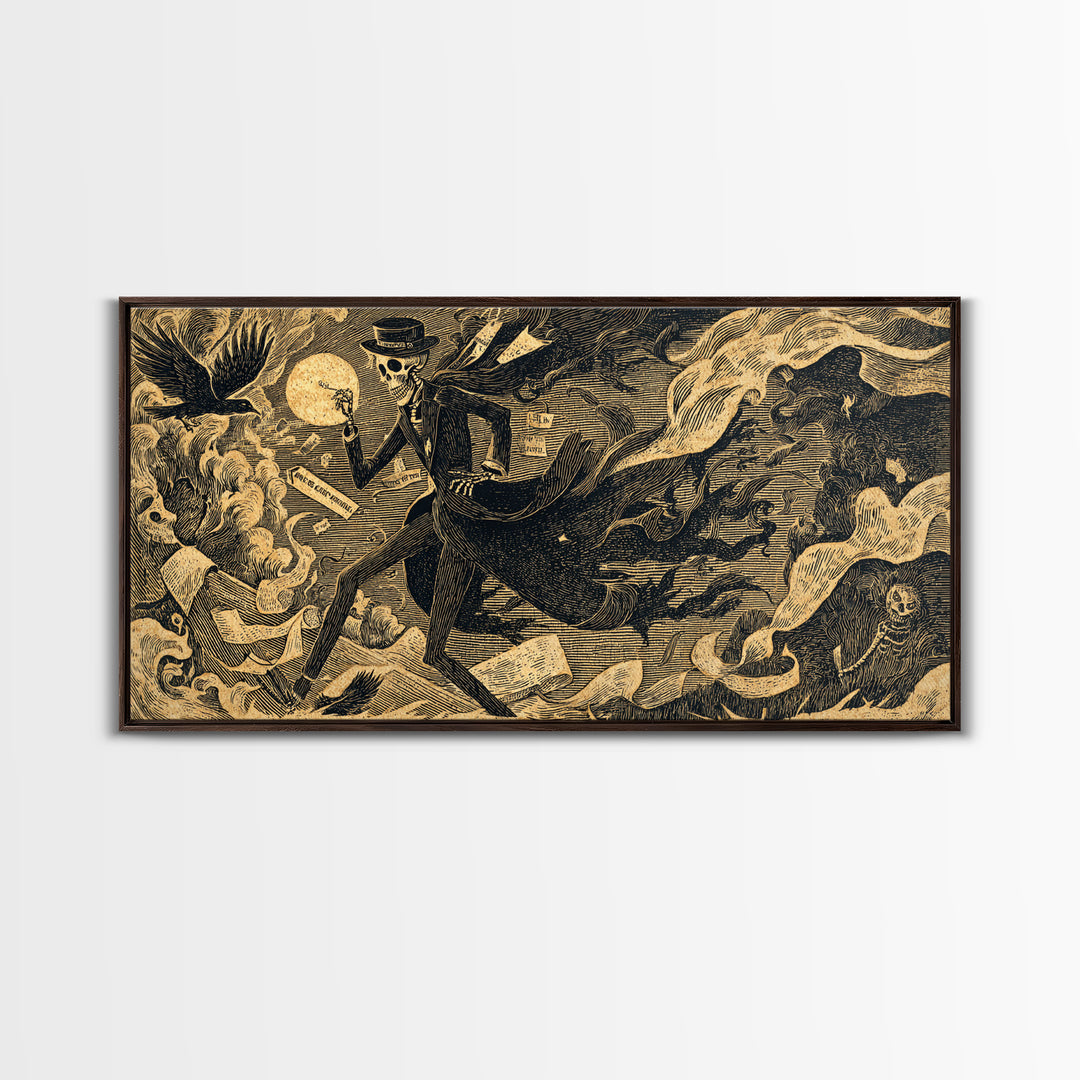 The Sinister Undertaker, Macabre Folk Print Art, Wide Panoramic Art, Dark Fantasy Wall Art, Canvas Print, Halloween Wall Art