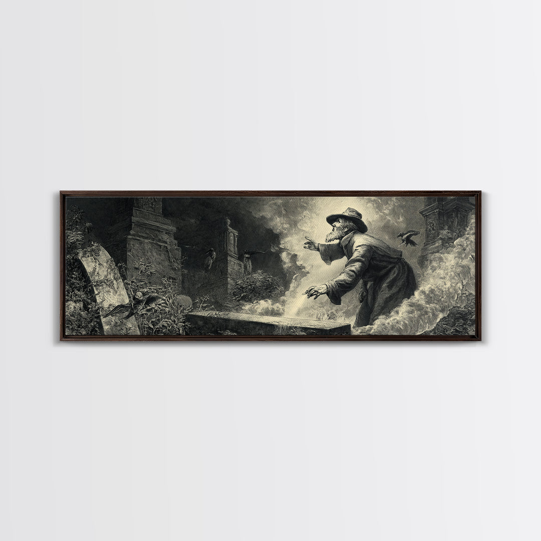 The Lantern Gravedigger, Gothic Engraving Art, Extra Wide Wall Art, Dark Fantasy Wall Art, Canvas Print, Halloween Wall Art