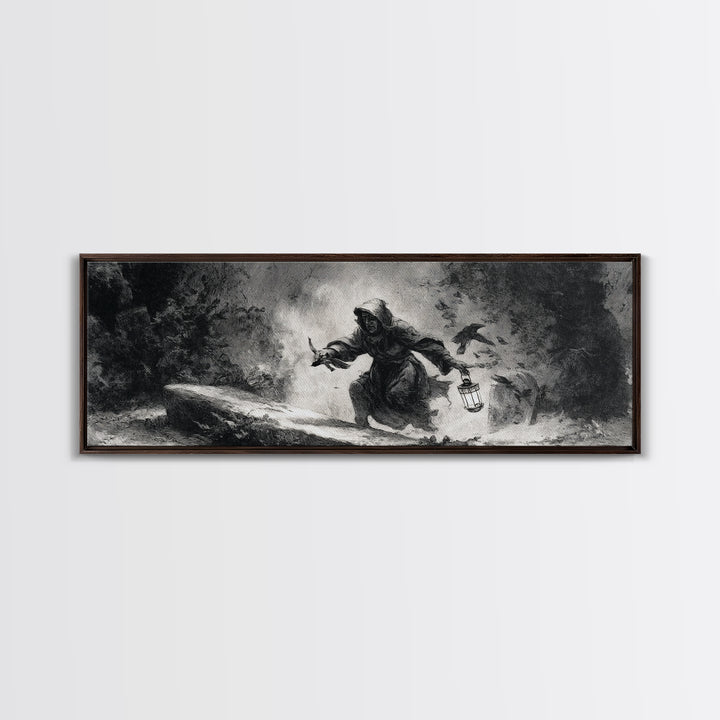 The Lantern Gravedigger, Dark Romantic Horror Art, Extra Wide Wall Art, Dark Fantasy Wall Art, Framed Canvas Print, Halloween Wall Art