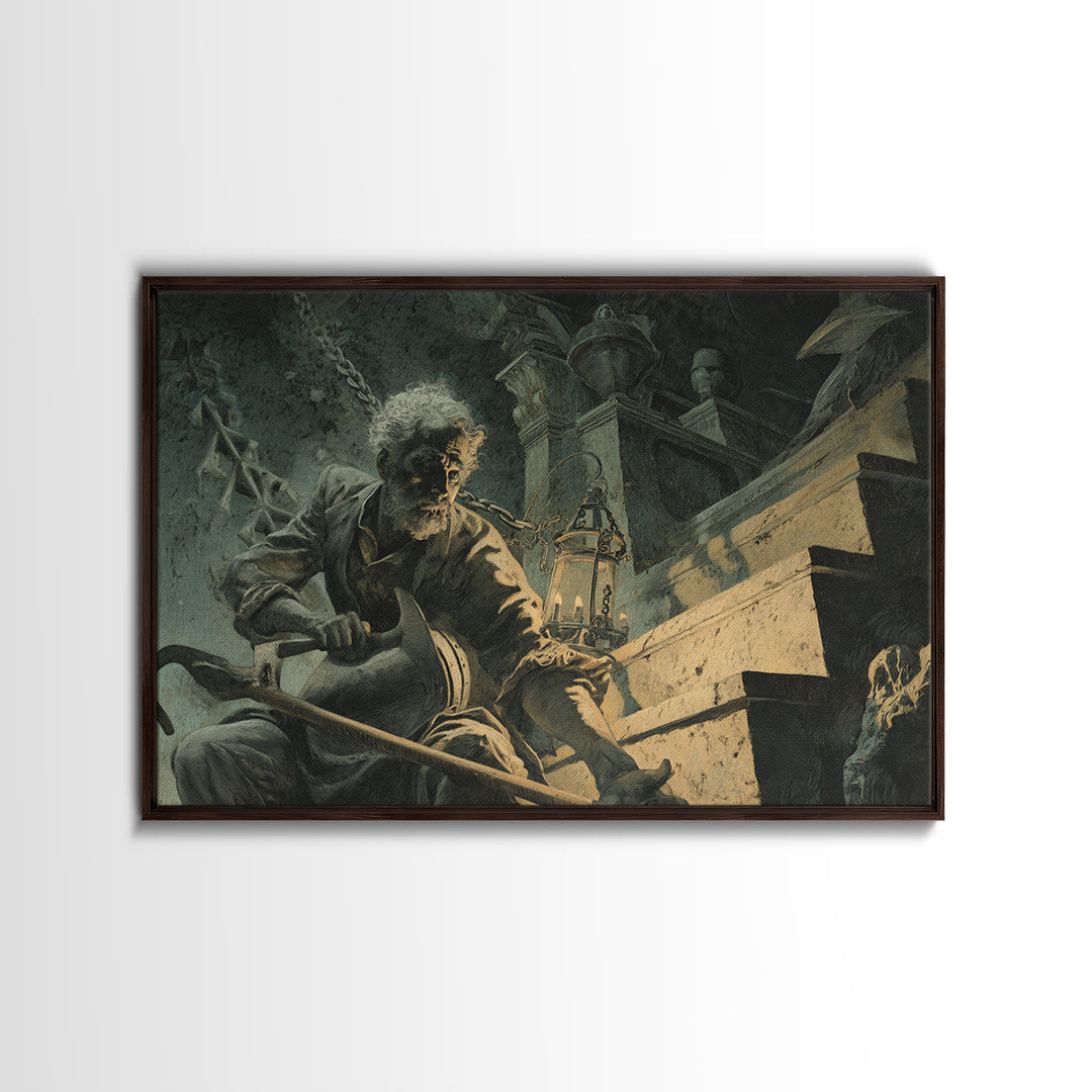 The Lantern Gravedigger, Architectural Etching Art, Landscape Wall Art, Gothic Horror Wall Art, Canvas Print, Macabre Wall Art