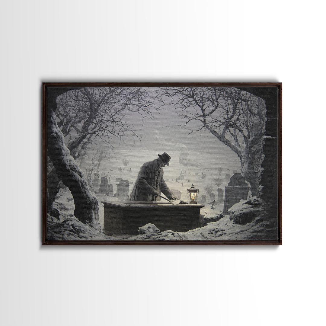 The Lantern Gravedigger, Romantic Gothic Landscape, Landscape Wall Art, Macabre Wall Art, Canvas Print, Halloween Wall Art