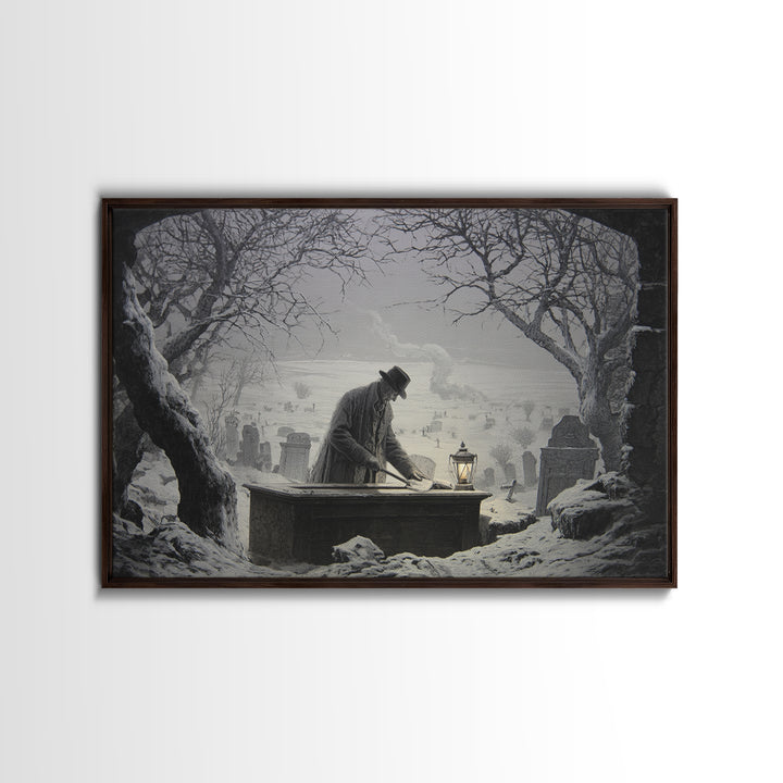 The Lantern Gravedigger, Romantic Gothic Landscape, Landscape Wall Art, Macabre Wall Art, Canvas Print, Halloween Wall Art
