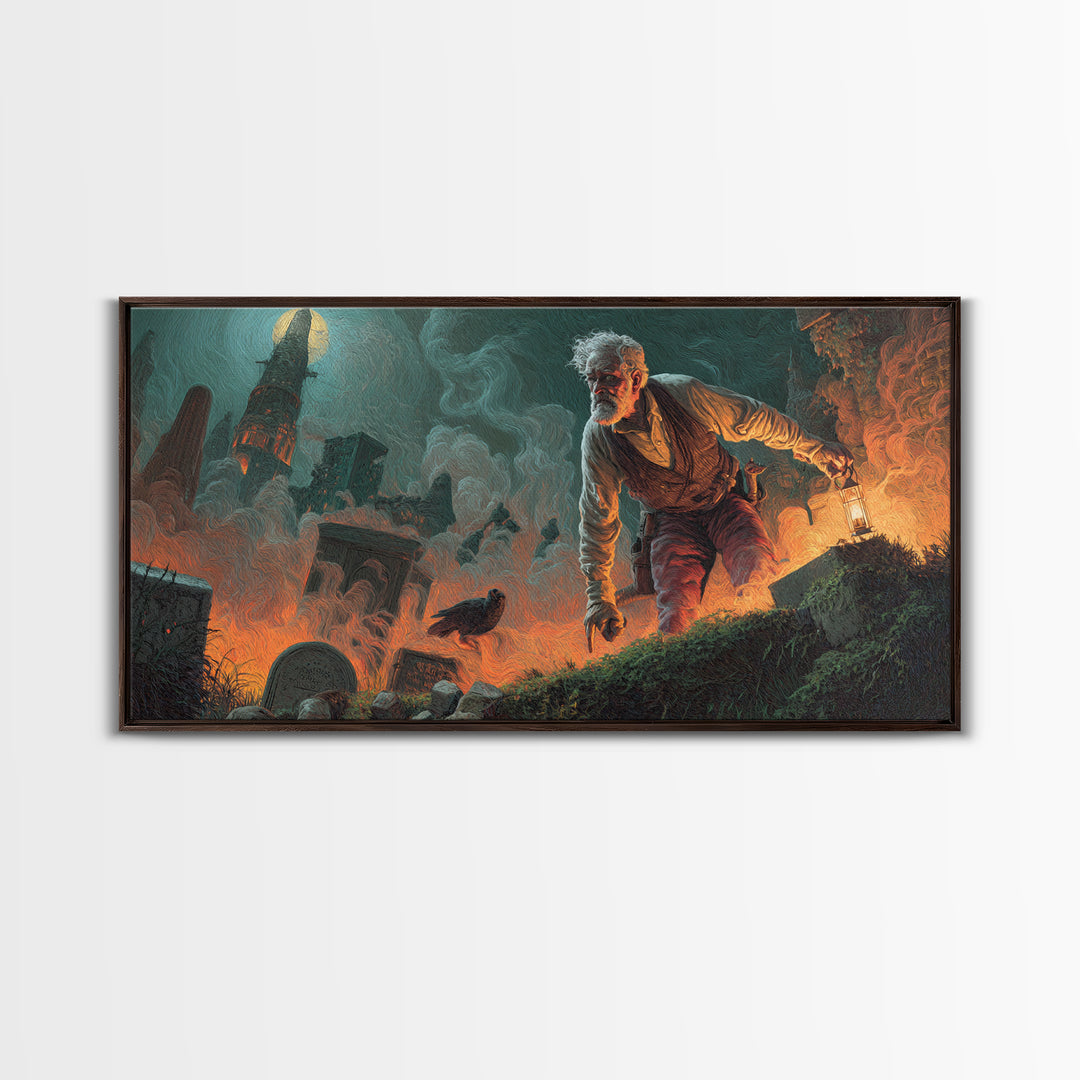The Lantern Gravedigger, Apocalyptic Romantic Art, Wide Panoramic Art, Gothic Horror Wall Art, Canvas Print, Halloween Wall Art