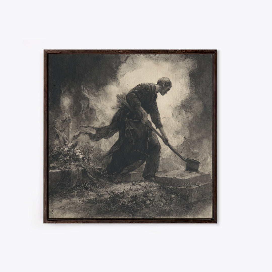 The Lantern Gravedigger, Symbolist Dream Art, Square Wall Art, Macabre Wall Art, Canvas Print, Halloween Wall Art, Seasonal Home Decor