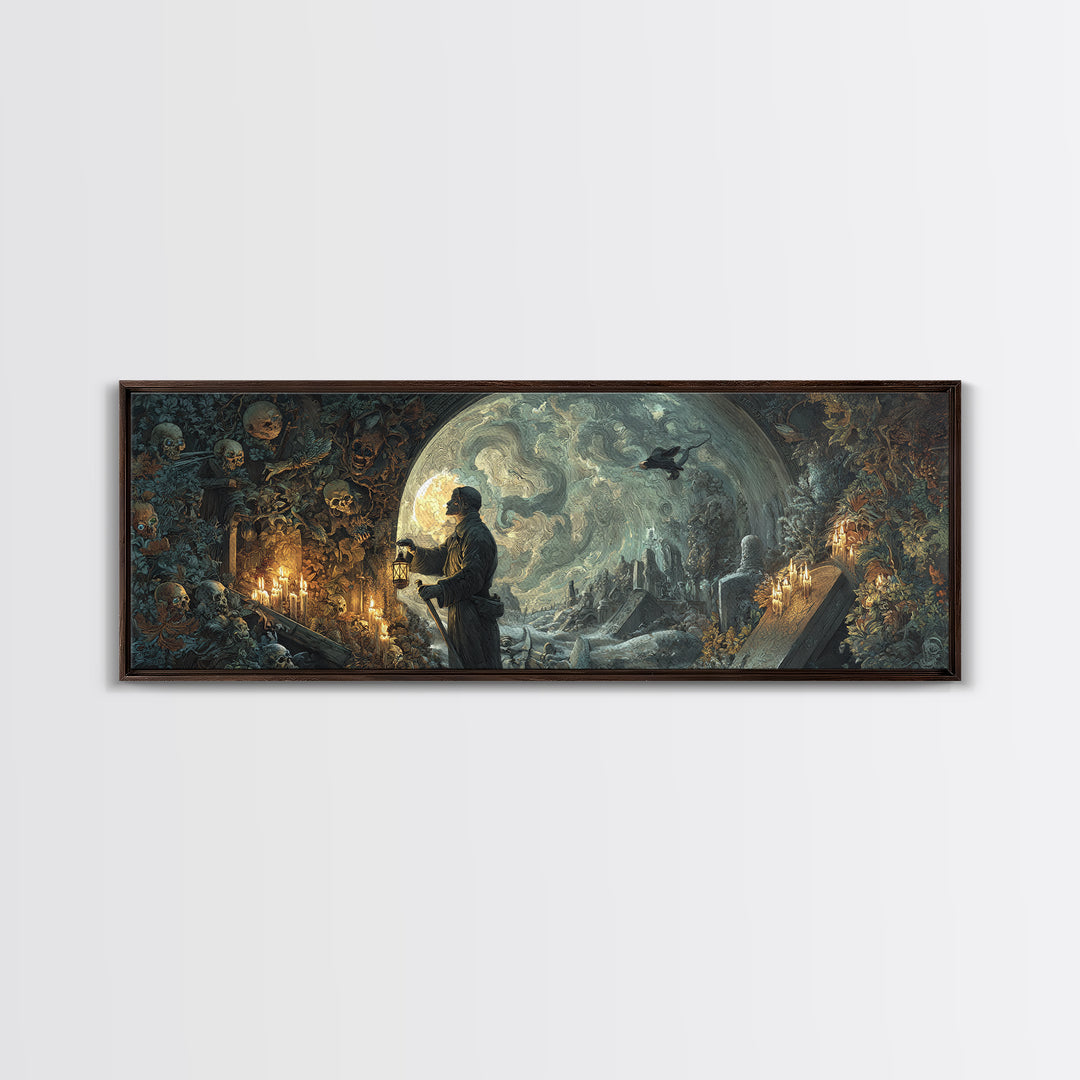 The Lantern Gravedigger, Ornate Symbolist Art, Extra Wide Wall Art, Gothic Horror Wall Art, Framed Canvas Print, Halloween Wall Art