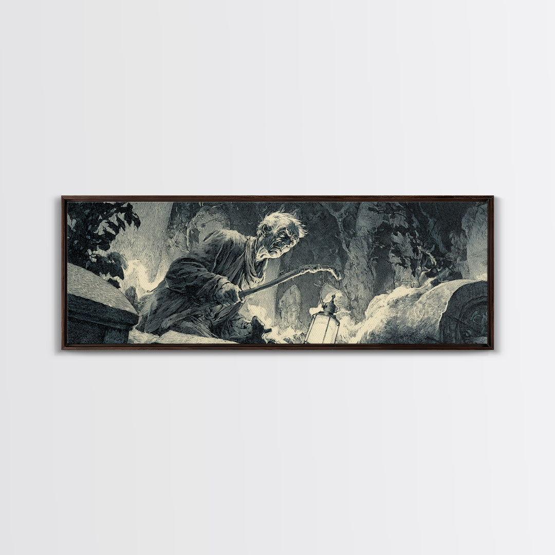 The Lantern Gravedigger, Decadent Gothic Art, Extra Wide Wall Art, Dark Halloween Decor, Framed Canvas Print, Halloween Wall Art