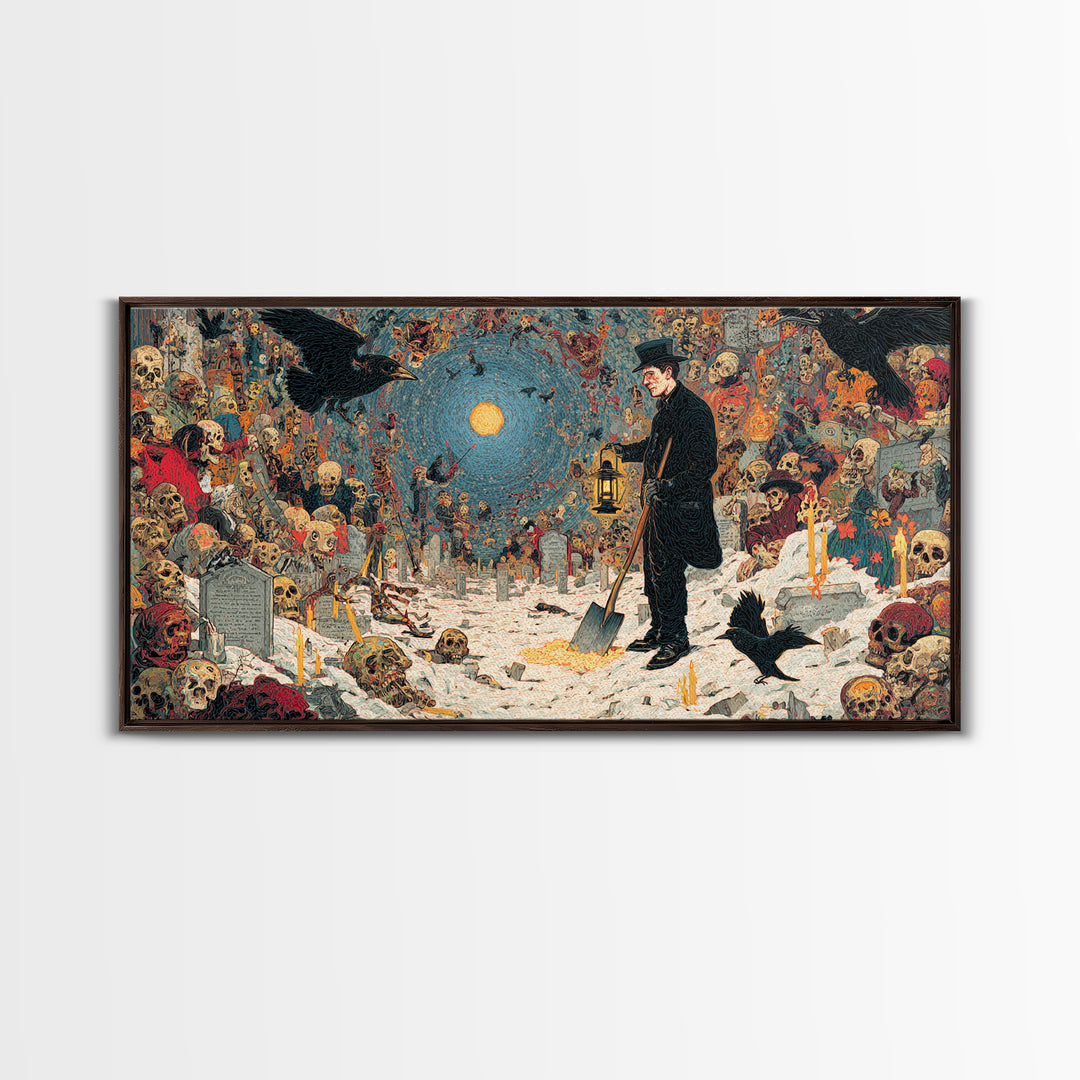 The Lantern Gravedigger, Grotesque Carnival Art, Wide Panoramic Art, Dark Fantasy Wall Art, Canvas Print, Halloween Wall Art
