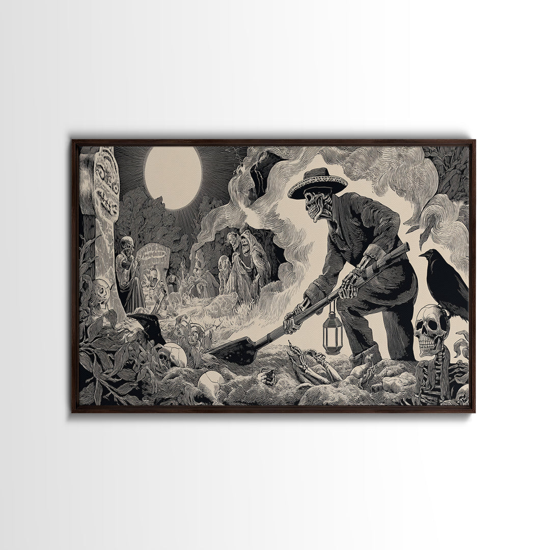 The Lantern Gravedigger, Macabre Folk Print Art, Wide Panoramic Art, Macabre Wall Art, Canvas Print, Halloween Wall Art