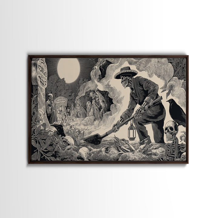 The Lantern Gravedigger, Macabre Folk Print Art, Wide Panoramic Art, Macabre Wall Art, Canvas Print, Halloween Wall Art