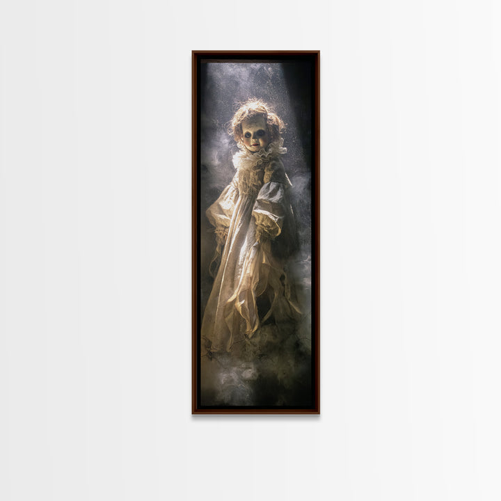 The Haunted Porcelain Doll, Gothic Engraving Art, Tall Narrow Wall Art, Dark Halloween Decor, Framed Canvas Print, Halloween Wall Art