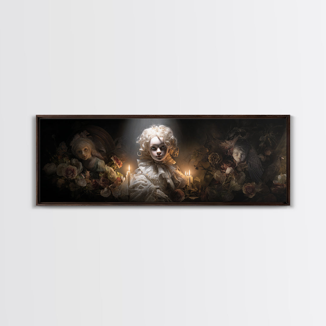 The Haunted Porcelain Doll, Gothic Nightmare Art, Extra Wide Wall Art, Dark Halloween Decor, Framed Canvas Print, Halloween Wall Art