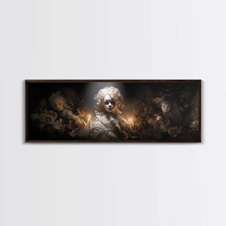 The Haunted Porcelain Doll, Gothic Nightmare Art, Extra Wide Wall Art, Dark Halloween Decor, Framed Canvas Print, Halloween Wall Art