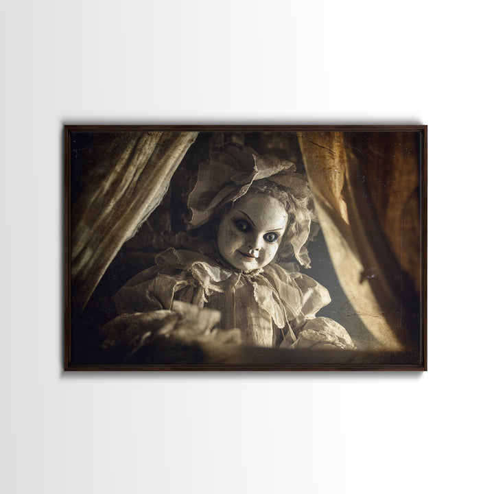 The Haunted Porcelain Doll, Architectural Etching Art, Landscape Wall Art, Dark Halloween Decor, Framed Canvas Print