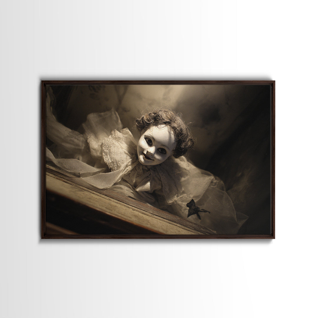The Haunted Porcelain Doll, Dark Symbolist Art, Landscape Wall Art, Dark Fantasy Wall Art, Framed Canvas Print, Halloween Wall Art