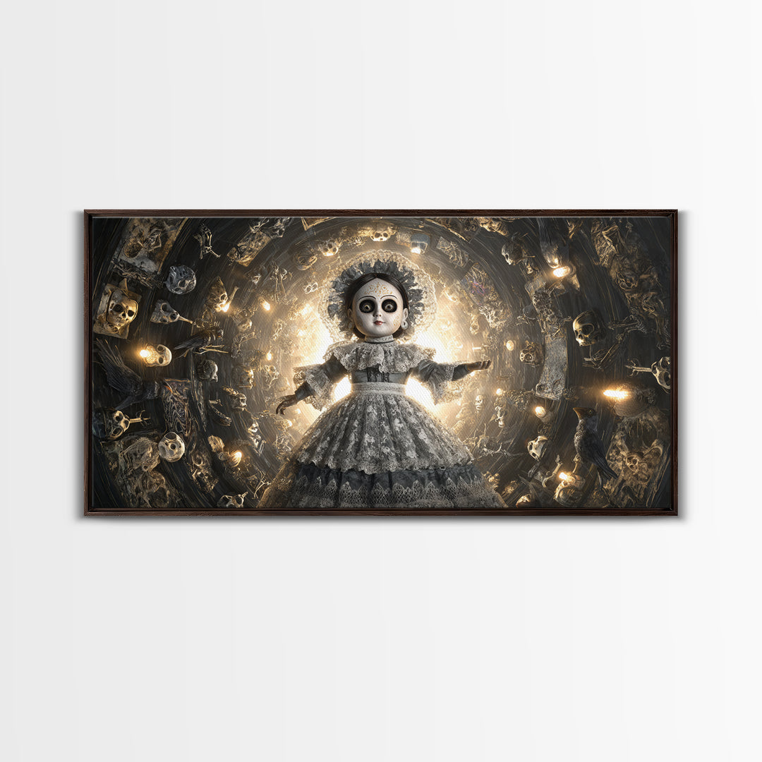 The Haunted Porcelain Doll, Macabre Folk Print Art, Wide Panoramic Art, Gothic Horror Wall Art, Framed Canvas Print