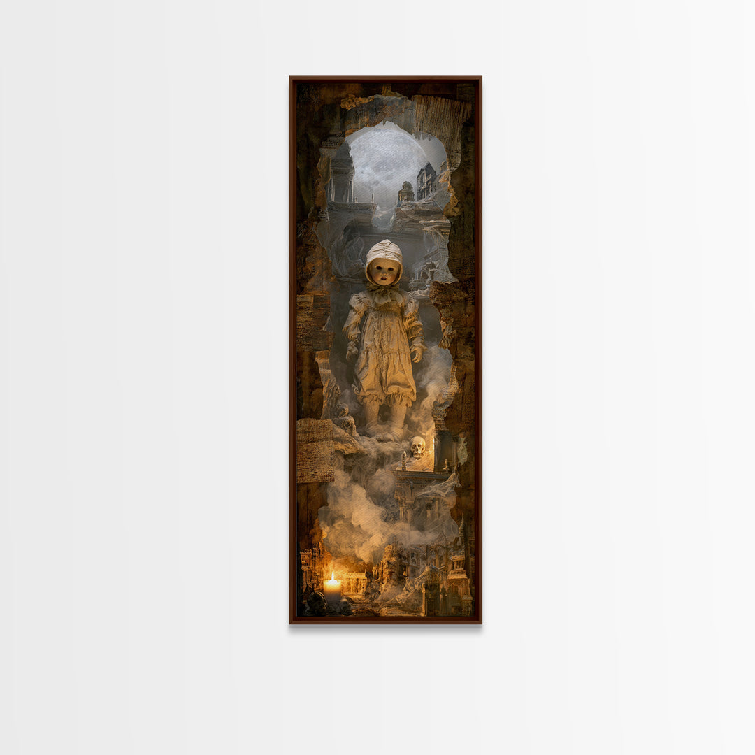 The Haunted Porcelain Doll, Surreal Apocalyptic Art, Tall Narrow Wall Art, Dark Halloween Decor, Canvas Print, Halloween Wall Art