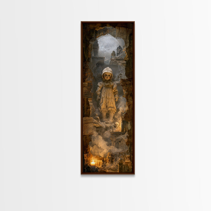 The Haunted Porcelain Doll, Surreal Apocalyptic Art, Tall Narrow Wall Art, Dark Halloween Decor, Canvas Print, Halloween Wall Art