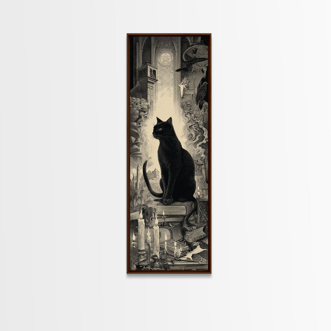 The Black Cat Familiar, Gothic Engraving Art, Tall Narrow Wall Art, Macabre Wall Art, Framed Canvas Print, Halloween Wall Art