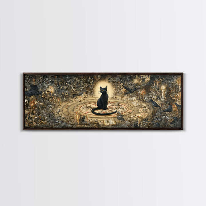 The Black Cat Familiar, Medieval Grotesque Art, Extra Wide Wall Art, Dark Halloween Decor, Canvas Print, Halloween Wall Art