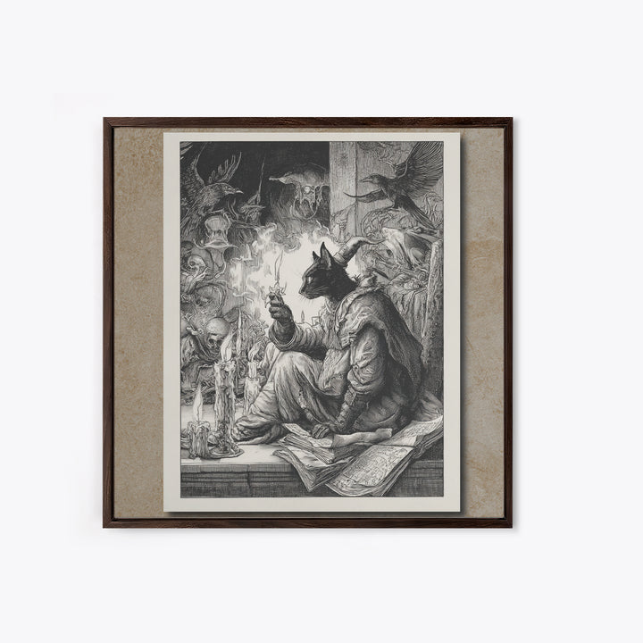 The Black Cat Familiar, Renaissance Engraving Art, Square Wall Art, Dark Fantasy Wall Art, Canvas Print, Halloween Wall Art
