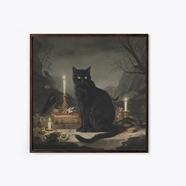 The Black Cat Familiar, Baroque Witchcraft Art, Square Wall Art, Macabre Wall Art, Framed Canvas Print, Halloween Wall Art