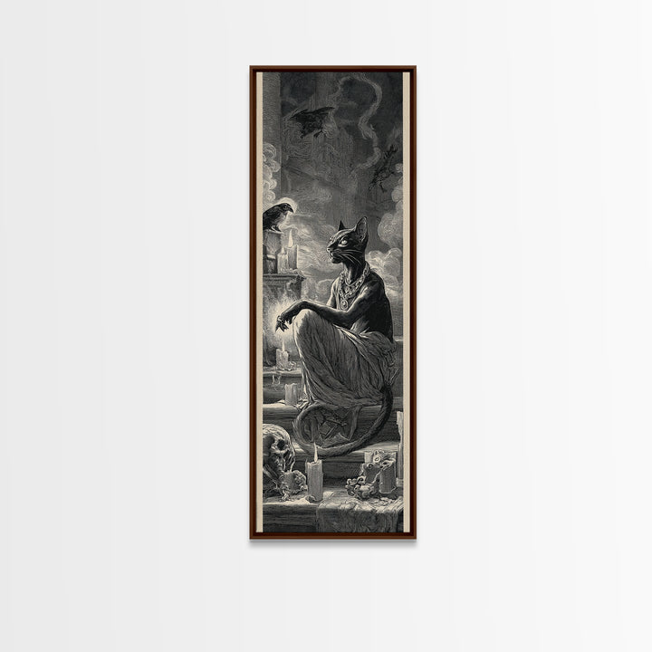 The Black Cat Familiar, Architectural Etching Art, Tall Narrow Wall Art, Gothic Horror Wall Art, Canvas Print