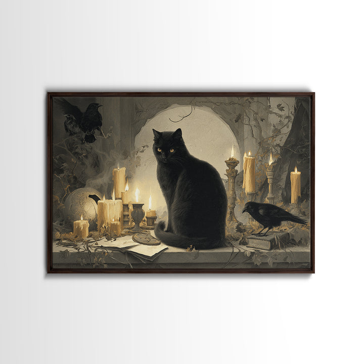 The Black Cat Familiar, Romantic Gothic Landscape, Landscape Wall Art, Dark Halloween Decor, Canvas Print, Halloween Wall Art