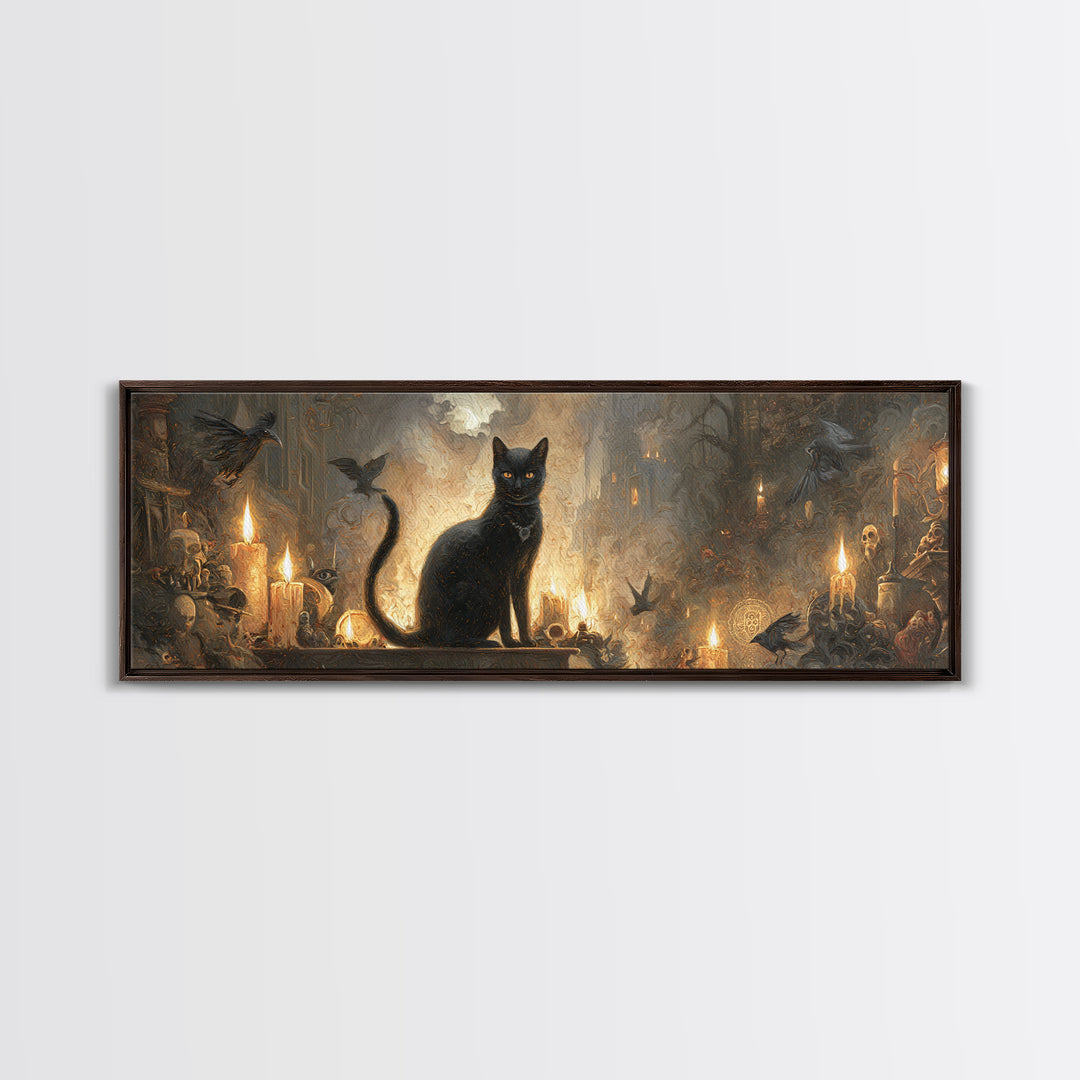 The Black Cat Familiar, Apocalyptic Romantic Art, Extra Wide Wall Art, Dark Fantasy Wall Art, Framed Canvas Print, Halloween Wall Art