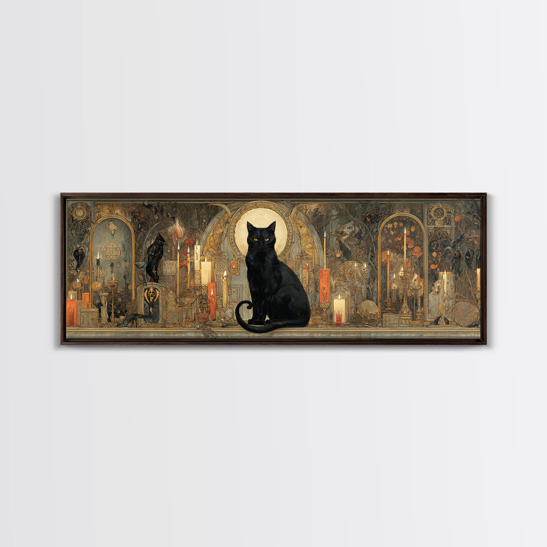 The Black Cat Familiar, Ornate Symbolist Art, Extra Wide Wall Art, Gothic Horror Wall Art, Canvas Print, Halloween Wall Art