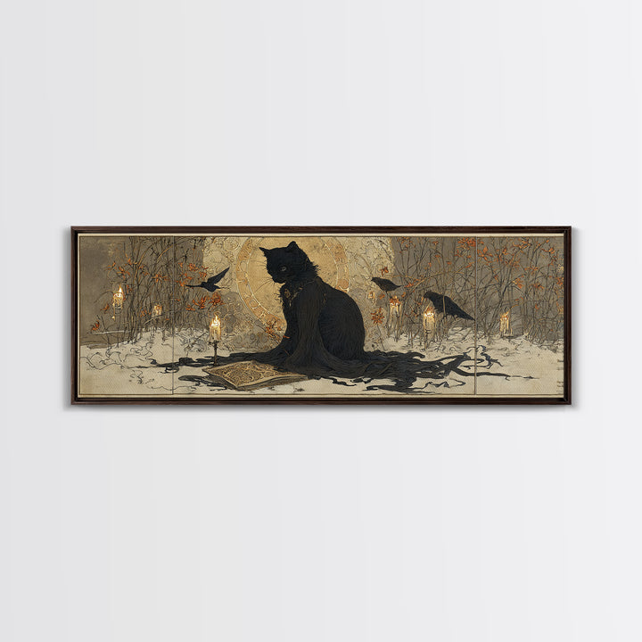 The Black Cat Familiar, Symbolist Death Art, Extra Wide Wall Art, Dark Fantasy Wall Art, Framed Canvas Print, Halloween Wall Art