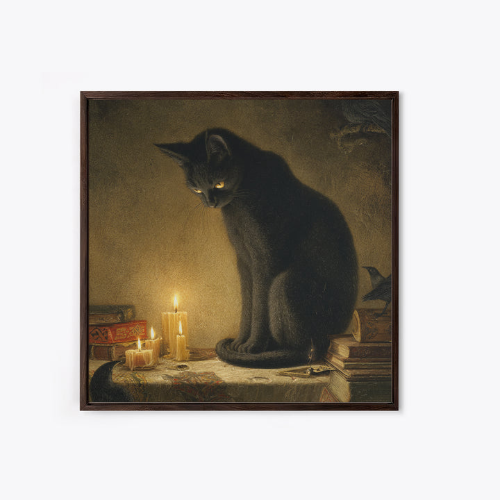 The Black Cat Familiar, Dark Symbolist Art, Square Wall Art, Dark Halloween Decor, Canvas Print, Halloween Wall Art
